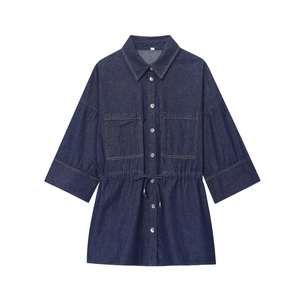 Women's dark denim mid-length shirt with metal buttons and drawstring waist on white background