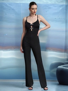 Women Jumpsuit Spaghetti Strap Hollow Out Rhinestone Bow Bodycon High Stretch Sexy Evening Party Clubwear Wide Leg