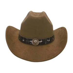 Detail of dark brown felt cowboy hat featuring a black leather band and golden lion emblem