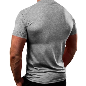 Rear view of a men's athletic slim fit T-shirt in heather grey with moisture-wicking fabric