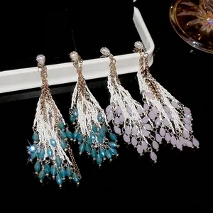Boucles D'oreilles Longues À Pompons Avec Tige En Argent Sterling 925 Goutte D'eau Zircon Alliage Frange Style Cour Rétro