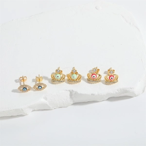 Exquisite French vintage crown and evil eye stud earrings with colorful zircons in gold