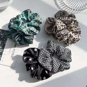 Women Elastic Fabric Scrunchies Leopard Houndstooth Polka Dot Heart Star Pattern Large Satin Hair Ties Hair Accessories