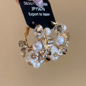Vintage French Style Floral Cluster Hoop Earrings With Alloy Imitation Artificial Pearl Rhinestone And Silver Earring Post For Women