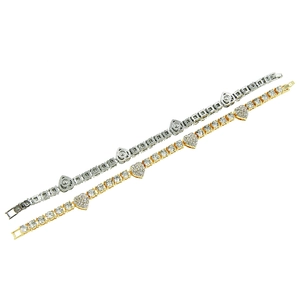 Hip hop style gold and silver iced out tennis bracelets with sparkling heart pendants