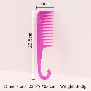 Paarse glitterkam met brede tanden, 22,5x6x0,6cm, 36g met handige ophanghaak aan steel