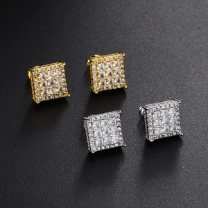 Iced out square stud earrings in gold and silver finish with micro-pave zircons