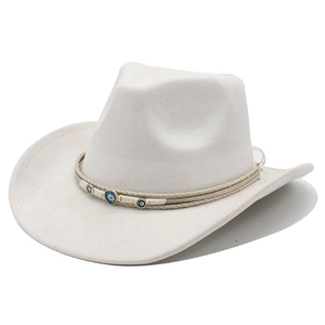 Detailed view of white suede cowboy hat featuring evil eye beads on a woven band