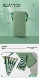 Detail of matcha green velvet drawstring pouch for makeup brushes sized 23cm by 12cm