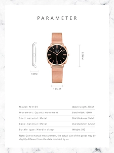 Detailed specs of rose gold mesh strap watch with dimensions and quartz movement info