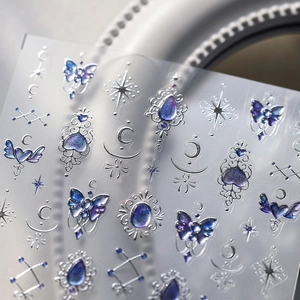 5D blue dreamlike embossed nail stickers with butterfly and heart patterns M-683