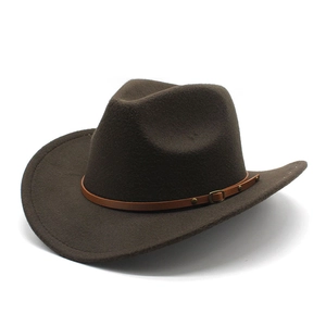 Classic dark brown felt western cowboy hat with a leather decorative band on white background