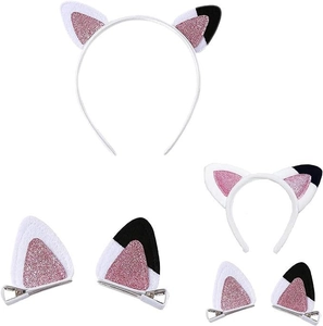 Detail of 3-piece cat ear headband and hair clip set with pink sequins and white fur