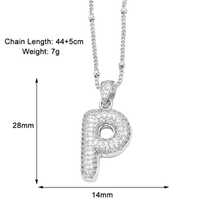 Detailed view of silver letter P pendant with dimensions 28mm x 14mm and 44+5cm chain