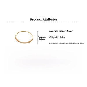 Detail view of gold-plated zircon bangle showing size dimensions and copper material specs
