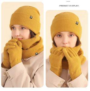 Front and side view of yellow winter knitted set with beanie scarf and gloves