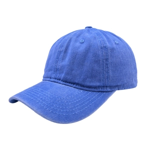 Detailed view of the blue washed cotton baseball cap with an adjustable strap and classic buckle