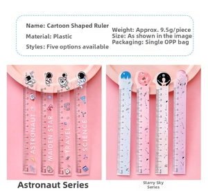 Detail of 15cm cartoon transparent plastic ruler with astronaut and space printing