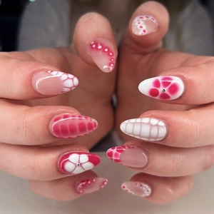 Press On Nails Short Almond Glossy Pink White Floral Pattern Rhinestone Artificial False Nail Tips For Women