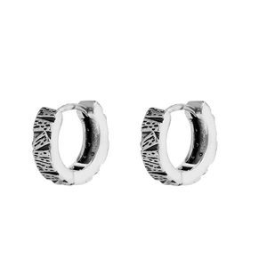 Retro distressed stainless steel hoop earrings for men with geometric textured finish