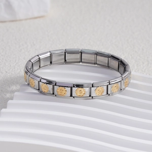 Bracelet modulaire italien avec maillons en acier inoxydable et motifs de fleurs dorées