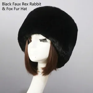 Detail view of the black faux fur winter hat texture and thick fluffy material
