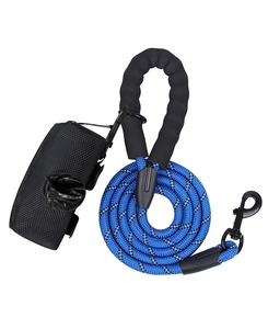 Blue reflective dog leash with padded handle and portable poop bag dispenser detail