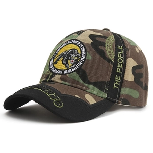 Outdoor jungle camouflage baseball cap with yellow panther embroidery and black brim