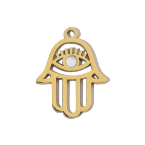 Detailed view of a gold-plated Hamsa hand pendant with a white eye inlay in the center