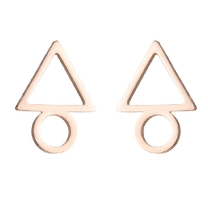 Detail view of rose gold geometric stud earrings with triangle and hollow circle design