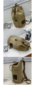 Multiple views of a khaki canvas duffel backpack with cylindrical shape and wide straps