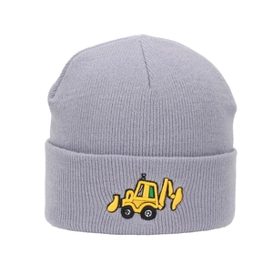 Detail of yellow excavator embroidery on purple ribbed knit beanie for boys