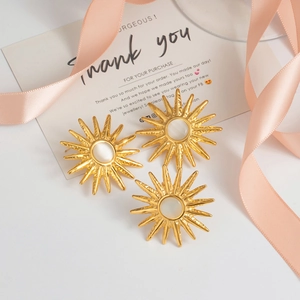 Sun Starburst Jewelry Stainless Steel Hammered Texture Earrings And Adjustable Ring With Cat Eye Stone