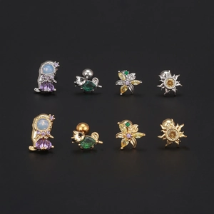Set of colorful zircon flower and astronaut ear studs in gold and silver plating