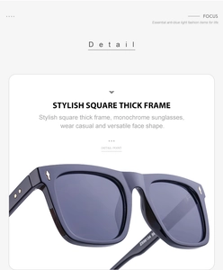 Detail of stylish square thick frame sunglasses with dark black frame and grey lenses