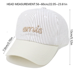 Detail view of striped baseball cap showing dimensions 7cm brim and 13cm height