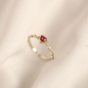 Elegant heart-shaped ruby S925 silver open ring with gold finish and diamond accents