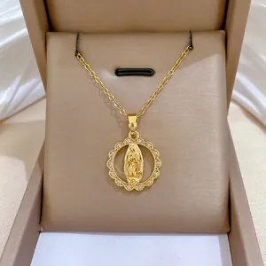 Collier Pendentif Vierge Marie Chaîne Acier Inoxydable Cuivre Zircone Bijoux Religieux Ronds Femmes