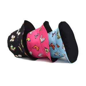 Colorful butterfly print bucket hats in black, rose pink and blue for sun protection