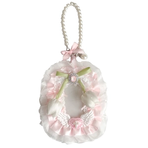 Pink lace photocard holder with pearl chain, tulip accents and a heart charm