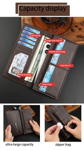 Detailed view of the multi-slot interior and leather texture of the brown men long wallet