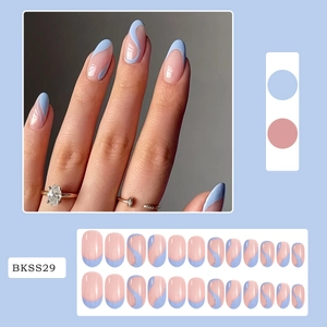 Detail of 24 nude press-on nails with light blue wavy French tips, model BKSS29
