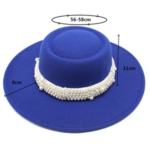 Flat top wool felt boater hat in royal blue with pearl trim and size dimensions