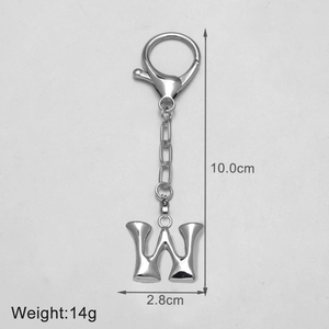 Detail view of silver metal letter W keychain showing dimensions of 10.0cm length