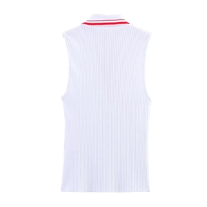 Detail view of white ribbed knit vest back with red double stripe contrast neckline