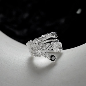 S925 Sterling Silver Irregular Lava Texture Ear Clip For Women Non Pierced Black Rhinestone Inlaid Fashion Ear Cuff Jewelry