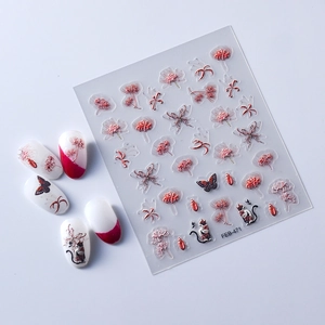 Detail of red floral spider lily and butterfly embossed 3D nail stickers FEB-471