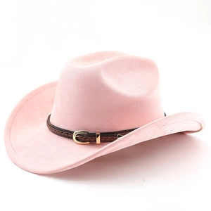 Detail of pink faux suede cowboy hat with braided leather band and gold buckle