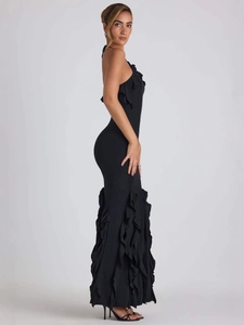 Robe de soirée sexy noire dos nu avec licou et ourlet sirène à volants élégants