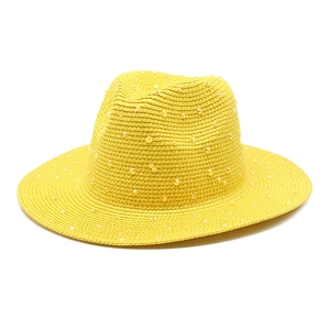 Classic yellow wide-brimmed straw fedora hat featuring decorative sparkling sequins